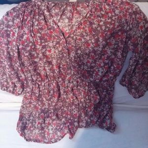 Floral sheer top 3/4 sleeves elastic waist
